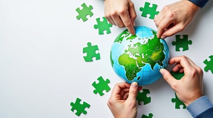 Hands assemble green puzzle pieces around a globe, symbolizing global cooperation and environmental unity.