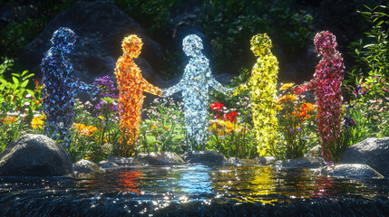 Colorful figures standing in a flower garden by a stream, holding hands.  Nature, unity, and peace