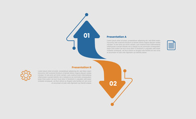 2 stage infographic diagram opposite comparison with big arrow top and down opposite direction with two step for slide presentation