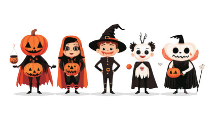 A digital illustration of five children in Halloween costumes isolated on a white background. The illustration is in vector graphic style.