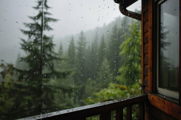 Rainy forest view from window