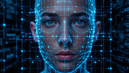Human and AI faces merge in a digital divide. Concept: Future of Identity.

