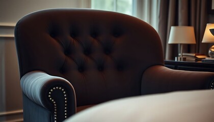 brown chair sitting in a bedroom next to a lamp