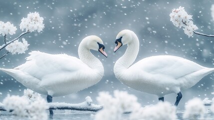 Two swans in snowy winter, facing each other amidst cherry blossoms
