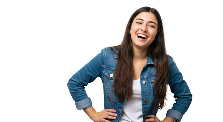 Portrait of a young woman laughing while wearing a denim jacket and a white shirt posing with hands hips on transparent background