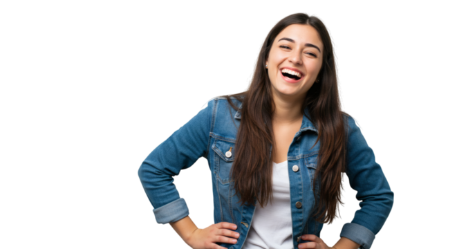 Portrait of a young woman laughing while wearing a denim jacket and a white shirt posing with hands hips on transparent background
