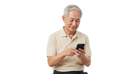 Fototapeta premium Mature man using a smartphone with a gentle smile and a polo shirt in a digital interaction scene on transparent background