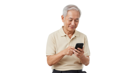 Mature man using a smartphone with a gentle smile and a polo shirt in a digital interaction scene on transparent background