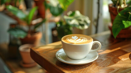 Sunlit latte art coffee in cozy cafe setting