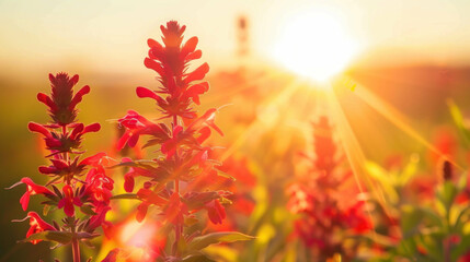 Vibrant red wildflowers at sunset golden hour nature photography