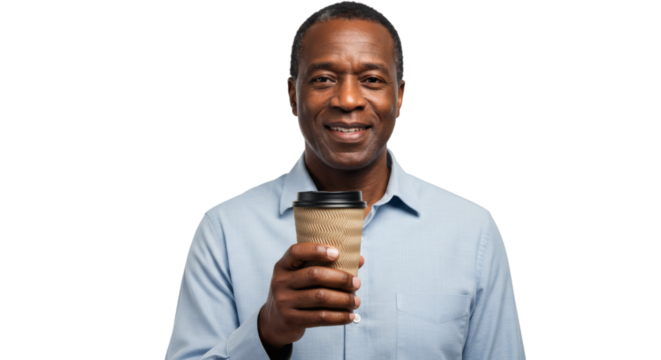 Man in blue shirt holding a coffee cup with a smile and a pleasant expression on his face shown on transparent background