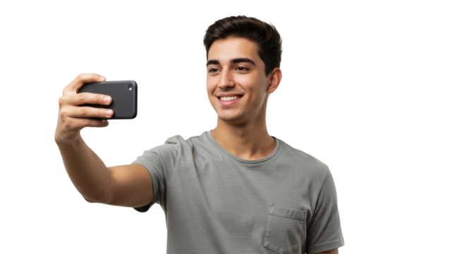 Smiling man taking a selfie with his mobile phone wearing a grey t shirt on a plain isolated field on transparent background