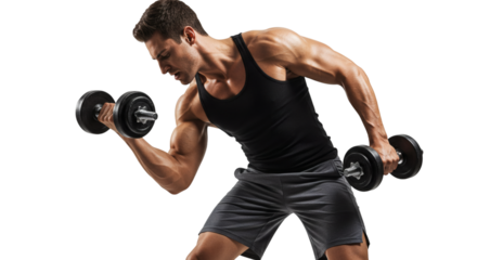 Man lifting dumbbells wearing a tank top and shorts showing muscular arms and body strength training on transparent background