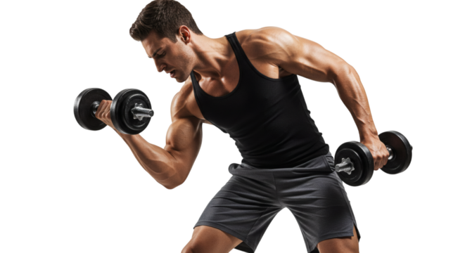 Man lifting dumbbells wearing a tank top and shorts showing muscular arms and body strength training on transparent background