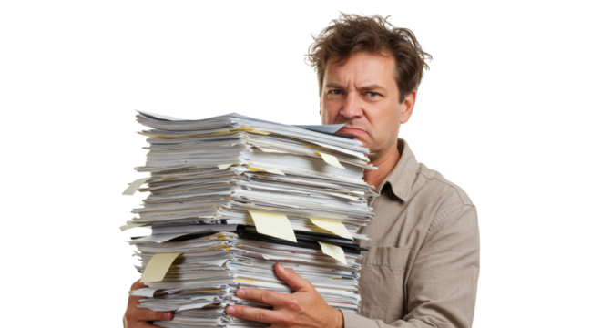 Man holding a large stack of papers with a frustrated expression on his face looking at the viewer on transparent background