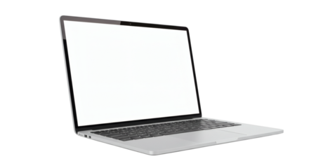 Open laptop with a blank white screen displaying a modern design and sleek silver finish device on transparent background
