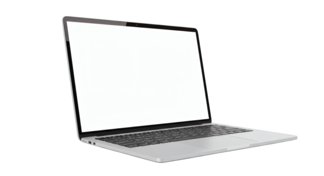 Open laptop with a blank white screen displaying a modern design and sleek silver finish device on transparent background