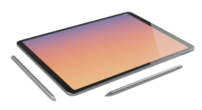 Tablet device with stylus pens displaying gradient screen in isolated presentation view on transparent background