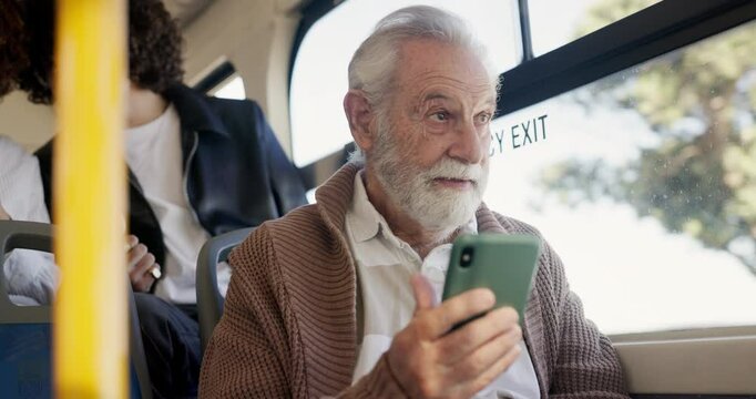 Bus, senior man and travel with smartphone for communication, map app and chat with contact. Public transport, elderly person and passenger with mobile for location, commute and message in London
