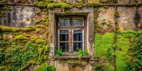 Distressed old window with vibrant green moss growing on its facade amidst the weathered stone structure and overgrown vegetation, old window, nature