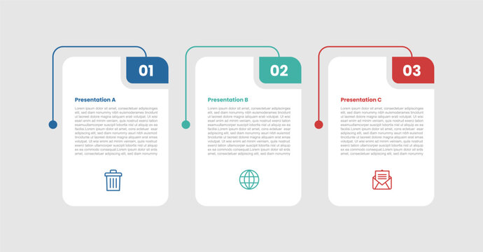 3 stage infographic diagram with round rectangle box table with badge separated with 3 step for slide presentation