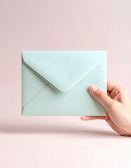 Hand Holding Light Mint Envelope Against Soft Pink Background