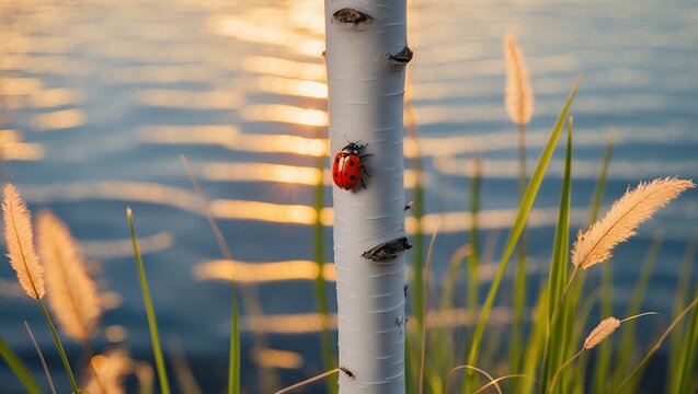 Ladybug climbing on birch tree with water and reeds in background - Powered by Adobe
