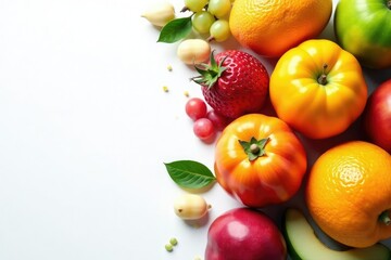 Assortment of organic fruits on white background, nutrition, plant-based