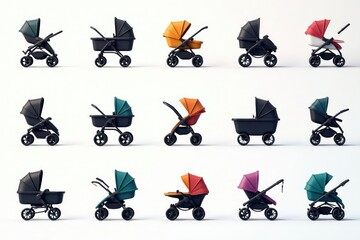 Bold black stroller icons on white, geometric backdrop, stylish, modern, texture