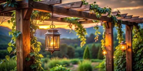 Wooden pergola illuminated by a soft, warm lighted outdoor lantern on a rustic wooden beam, with vines and greenery draped elegantly around it, serene landscape, wooden pergola