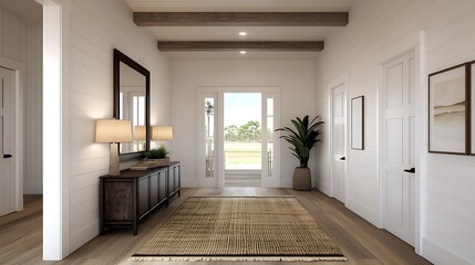 Obraz premium Elegant entryway design featuring a woven rug, console table, decorative mirror, and verdant plant creating a welcoming atmosphere.