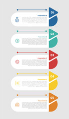 5 stage infographic diagram with round rectangle container with arrow and stacked list with 5 step for slide presentation