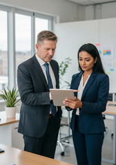 Senior Leader & Young Employee Discussing Project &ndash; Professional Team Using Tablet in Office (Vertical)