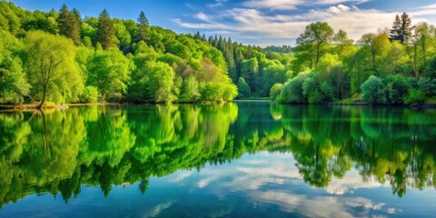 Fototapeta premium Serene lake with calm green waters reflecting majestic trees in a serene natural setting, tree, calm lake, tree