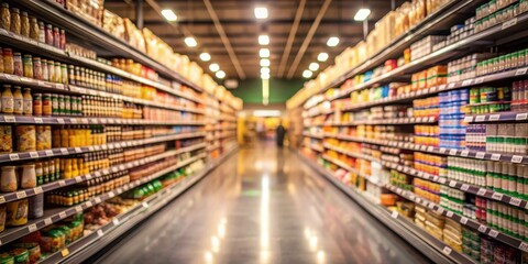 A dimly lit supermarket aisle with products in soft focus, surrounded by a subtle blur effect on the background , modern retail space, blurred shelves