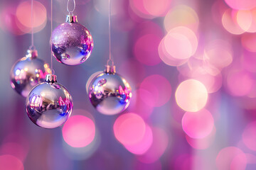 Obraz premium Shimmering Silver and Purple Christmas Ornaments Against Pink Background