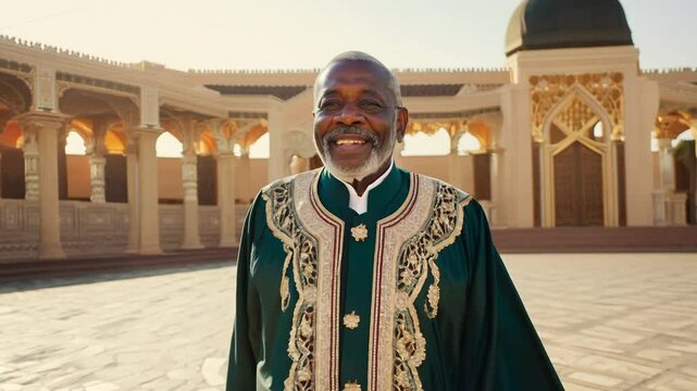 Elderly nigerian man in agbada walks confidently, facing the camera, across a grand palace courtyard, dolly zoom in, cinematic lighting