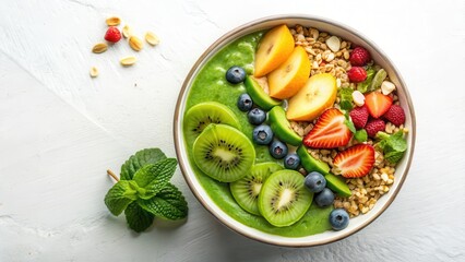 A vibrant green smoothie bowl with fresh fruits and granola on a clean white background, health initiative