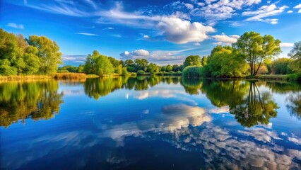 Obraz premium Serene lake on a clear day with a reflection of sky and trees, natural scenery