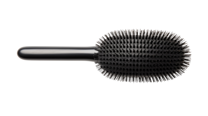 A close up shot of a black round hairbrush with a silver handle on black background