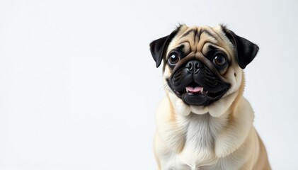 Solo pug, fluffy fur, expressive face, pure white backdrop, canine, cute, background