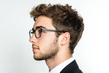 Close-up of a man wearing glasses on a white background, a man wearing glasses looks up