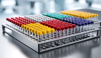 Colorful test tubes in a laboratory setting.