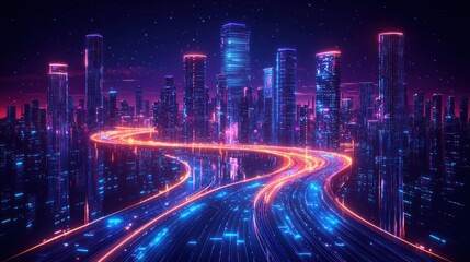 Neon Cityscape: Futuristic Highway at Night