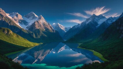 Fototapeta premium Reflecting Mountain Lake Surrounded by Greenery and Snow-Capped Peaks