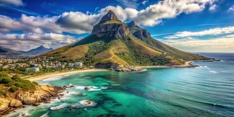 Naklejka premium Ancient granite mountain peak rises dramatically from the turquoise ocean waters in Cape Town , lions head, turquoise water