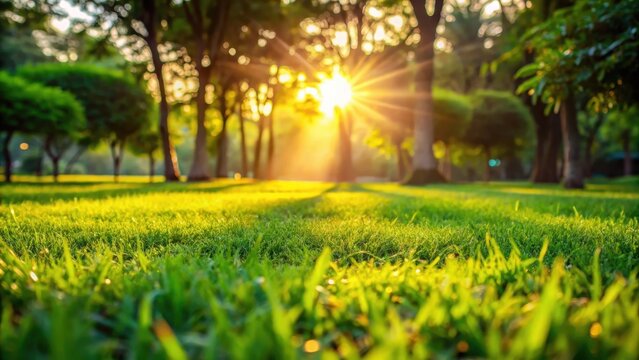 A beautiful and vibrant green lawn is obscured by a thick layer of blurred vegetation, illuminated by warm sunlight casting intricate patterns on the ground , sunlit landscape, blurred green grass