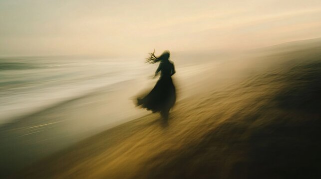 Woman dancing on beach at sunset, ocean waves in background