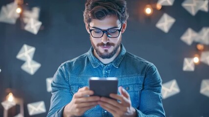 Young professional checking messages on smartphone with glowing email icons around - Powered by Adobe