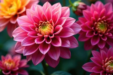 Intricate dahlia blooms, vibrant colors, lush petals , orange, blossom